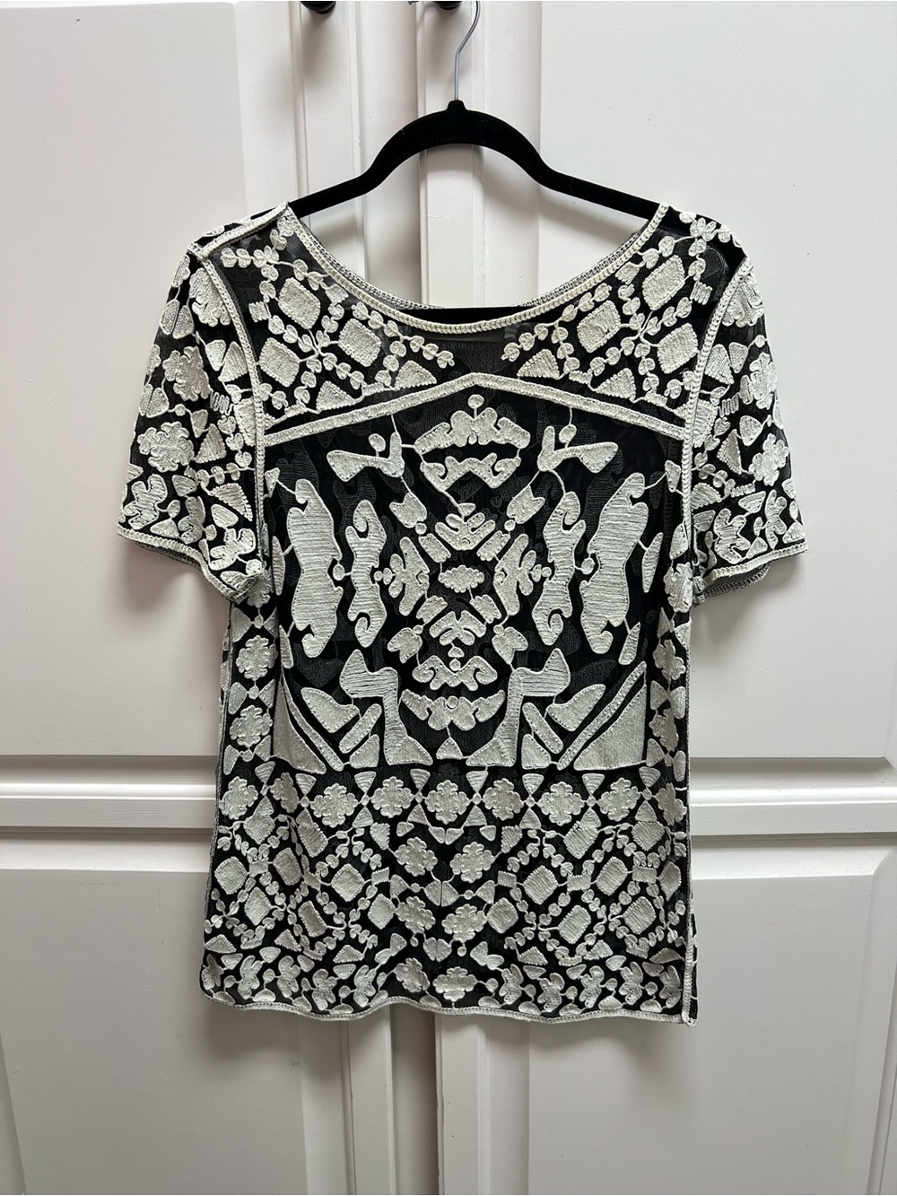 everleigh Black Short Sleeve sheer Top with White Embroidered Design